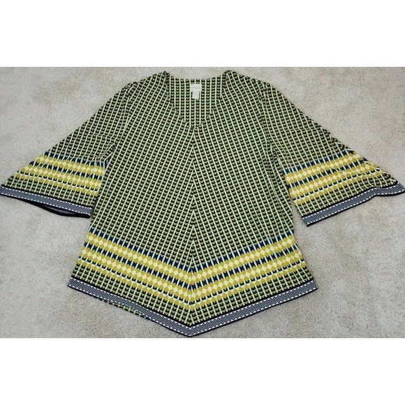 Chico's ~Woman Size 3~ Yellow/Blue Flare Top Blouse, Stretch, 3/4 Sleeve. - Picture 8 of 12